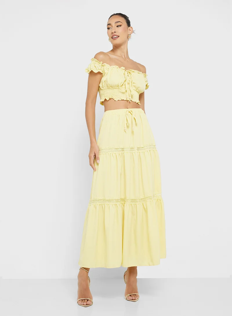 Ginger Off Shoulder Smocked Crop Top & Tiered Maxi Skirt Co-Ord Set