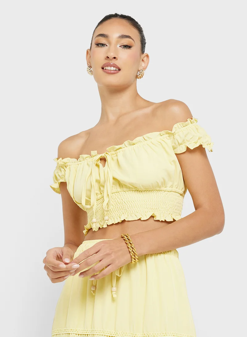 Ginger Off Shoulder Smocked Crop Top & Tiered Maxi Skirt Co-Ord Set