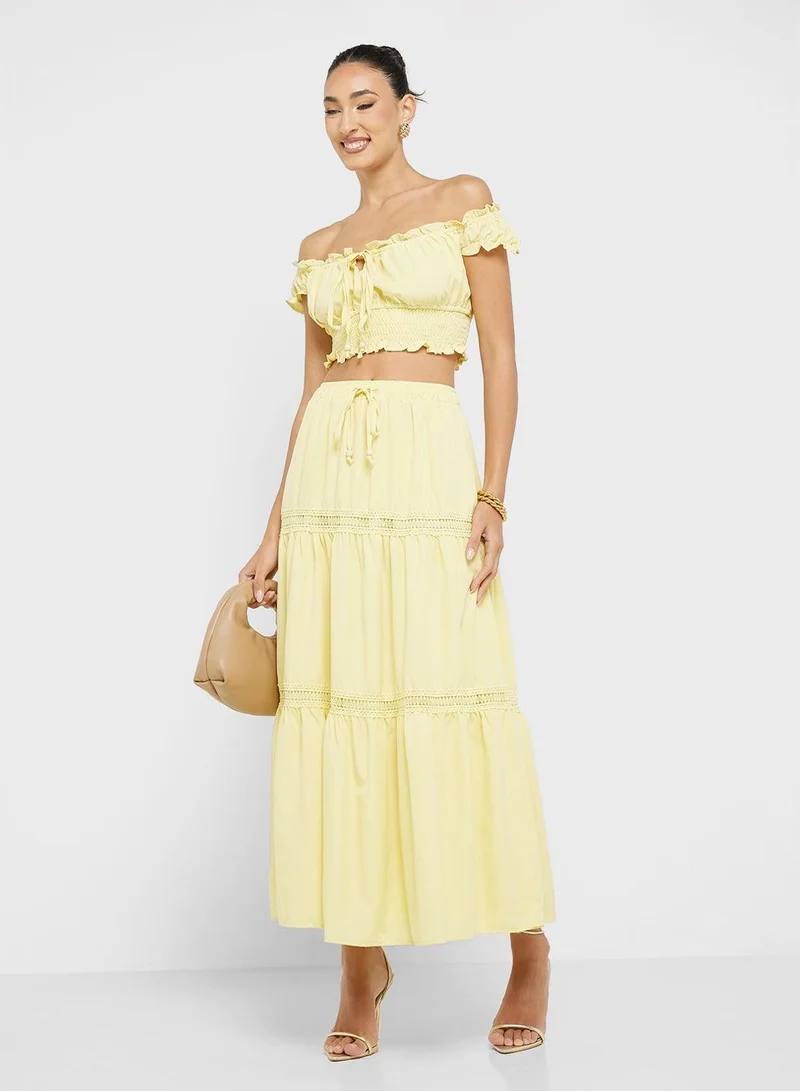 Ginger Off Shoulder Smocked Crop Top & Tiered Maxi Skirt Co-Ord Set