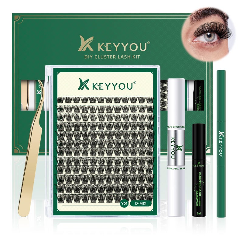 DIY Lash Extension Kit KEYYOU 144pcs Lash Clusters Eyelash Extension Kit with Mascara Brush Bond and Seal Lash Glue Remover Lash Applicators Lash Brush Clean Pad for DIY Lash Extensions Y01 Kit