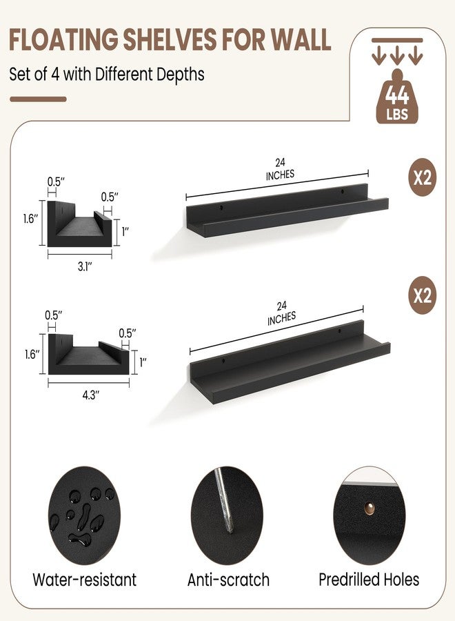 Fun Memories Picture Ledge Shelf, Black Floating Shelves Set of 4, 24 Inch Picture Shelves for Wall with Ledge, Large Nursery Book Shelf for Toys Storage, Living Room, Bedroom Decor Frames - Image 3