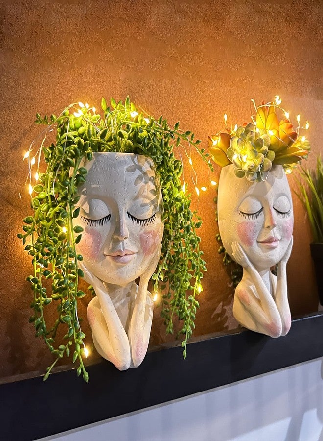 ASDFG Solar-Face Flower Pot Head Planter Pots - LED String Lights Warterproof Resin Succulent Cactus Planters Pots with Drainage Hole Cute Lady Closed Eyes Indoor Outdoor Garden Decor (Large) - Image 2