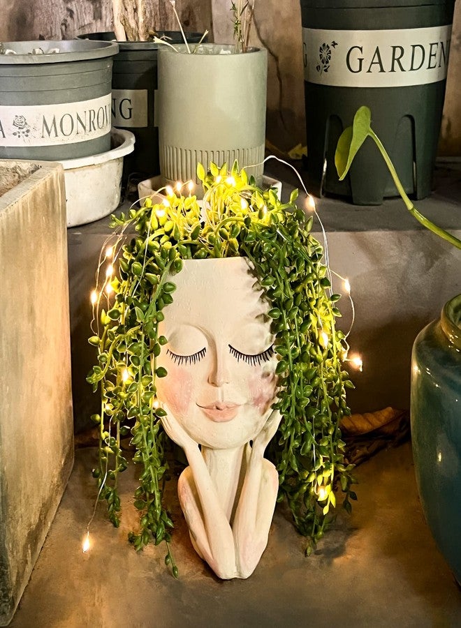 ASDFG Solar-Face Flower Pot Head Planter Pots - LED String Lights Warterproof Resin Succulent Cactus Planters Pots with Drainage Hole Cute Lady Closed Eyes Indoor Outdoor Garden Decor (Large) - Image 4