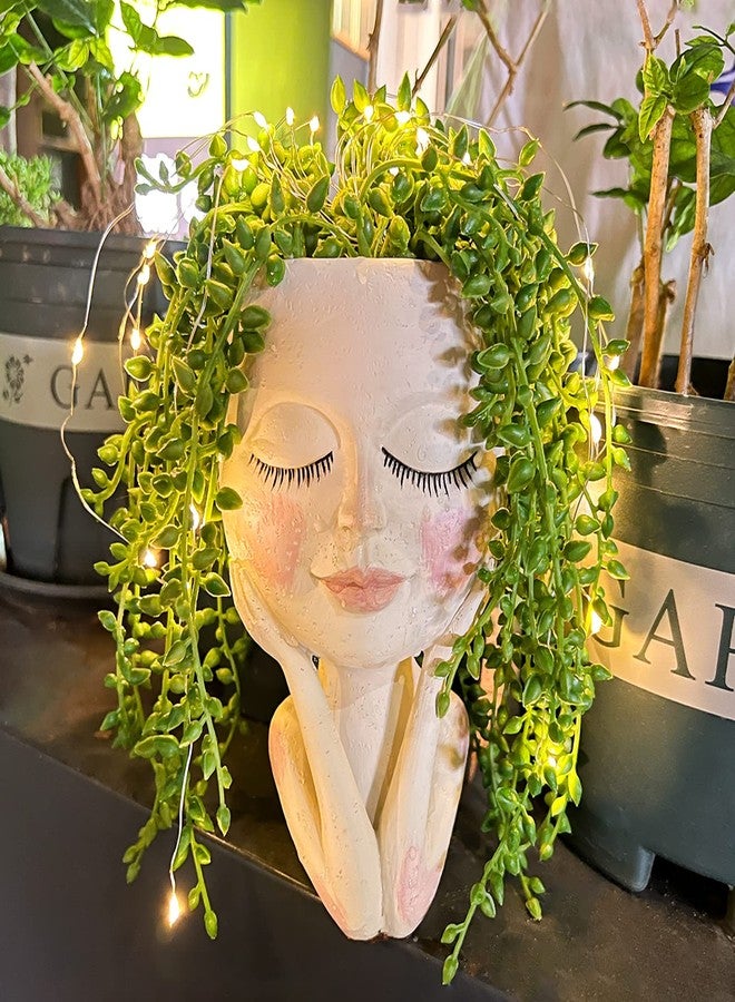 ASDFG Solar-Face Flower Pot Head Planter Pots - LED String Lights Warterproof Resin Succulent Cactus Planters Pots with Drainage Hole Cute Lady Closed Eyes Indoor Outdoor Garden Decor (Large) - Image 1