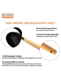 Beram Silicone Soup Ladle, 230℃ Heat-Resistant Non-Stick Large Serving Spoon with Long Wooden Handle for Sauces, Stews, Soups, Gravies, Chili, BPA-Free, Easy to Clean, Ergonomic Kitchen Tool  - Image 3