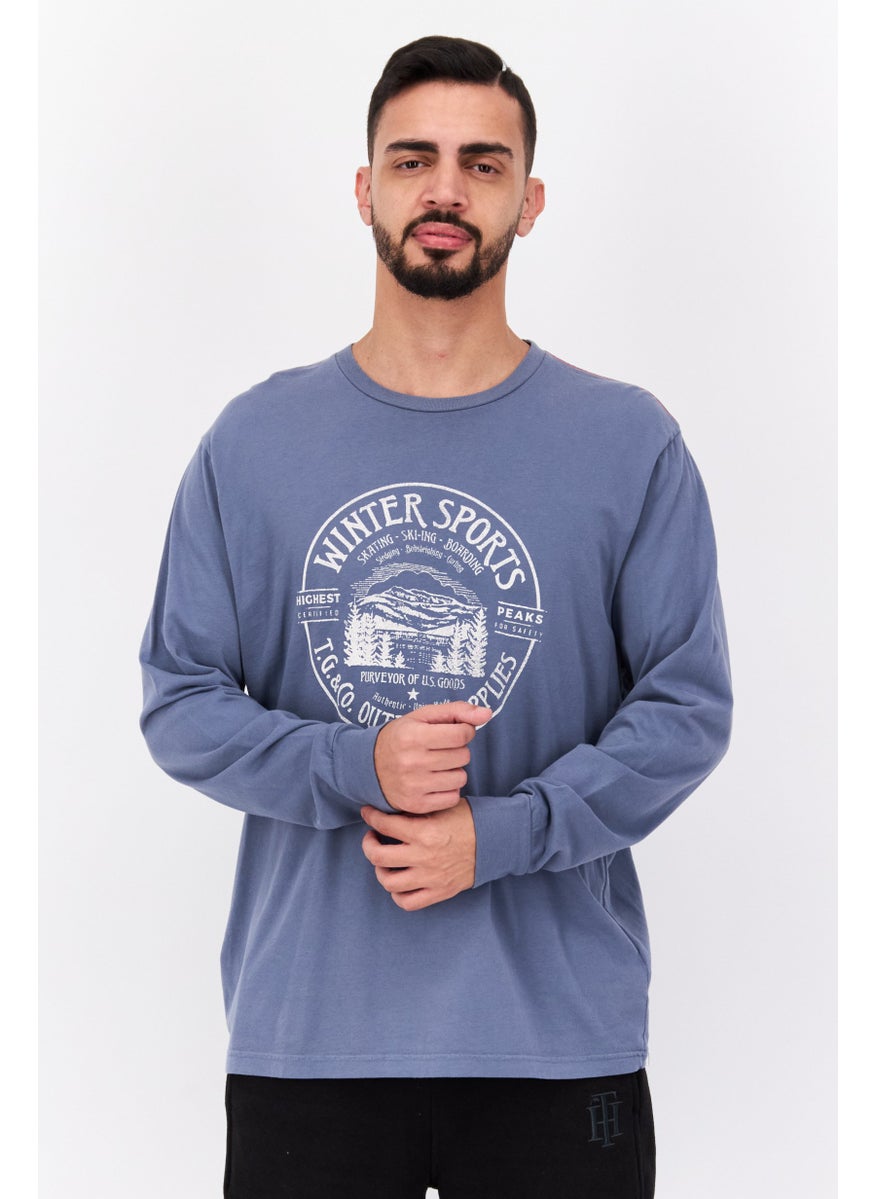 TRUE GRIT - Men Crew Neck Short Sleeve Printed T-Shirts, Vintage Blue - Image 1