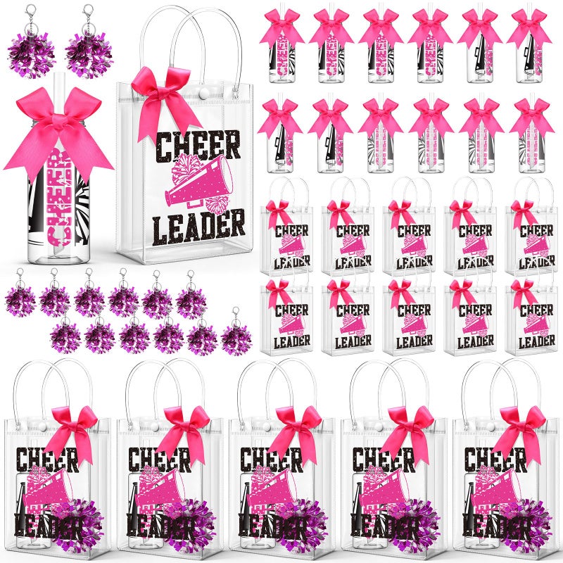 LemonRoad 36 Pcs Cheerleader Gift Bulk for Team Cheer Tumbler Cups Pom Pom Keychain Bags Bow Water Bottles with Lid and Straw for Cheerleader Women Sport Party Favor Rose Red - Image 2