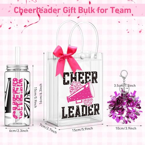 LemonRoad 36 Pcs Cheerleader Gift Bulk for Team Cheer Tumbler Cups Pom Pom Keychain Bags Bow Water Bottles with Lid and Straw for Cheerleader Women Sport Party Favor Rose Red - Image 3