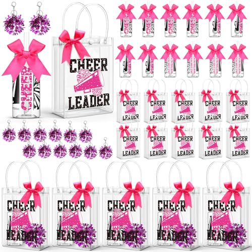 LemonRoad 36 Pcs Cheerleader Gift Bulk for Team Cheer Tumbler Cups Pom Pom Keychain Bags Bow Water Bottles with Lid and Straw for Cheerleader Women Sport Party Favor Rose Red - Image 1