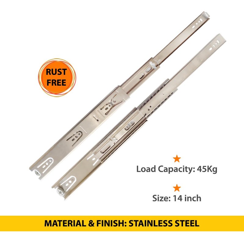 Non Soft Close 14 Inch Full Extension Stainless Steel Slide (Load Capacity 45 Kg) (Pack of 1 Pair) - BTC-SS-214
