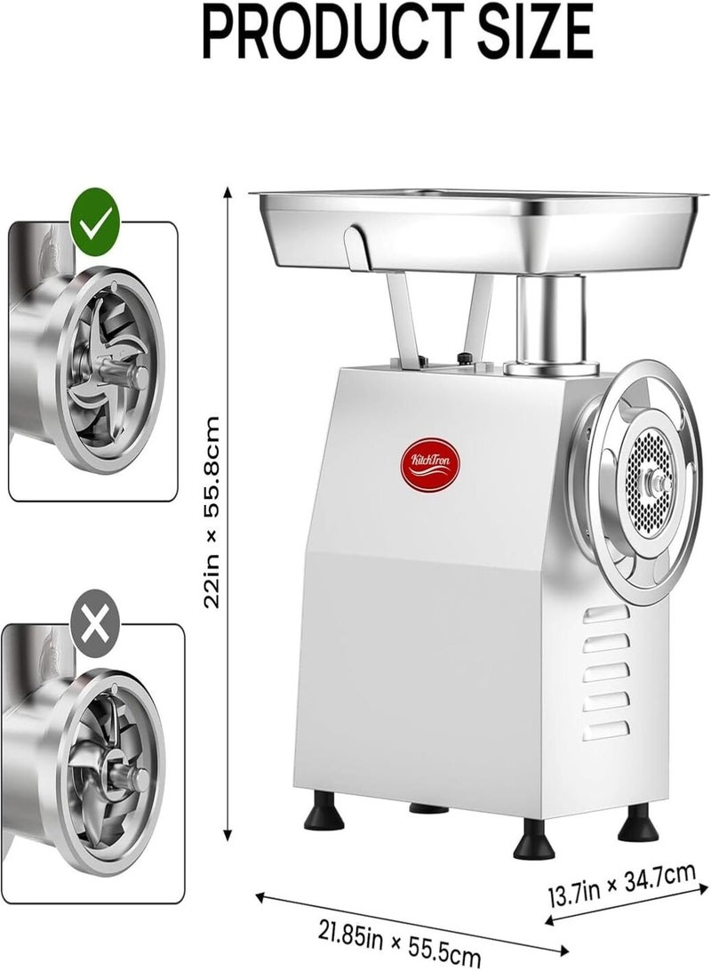 KitchTron Meat Mincer 22 Commercial Meat Grinder 22, 1100W Electric Stainless Steel Meat Processing Machine, 250kg/H Heavy Duty Meat Grinder for Restaurant, Hotel, Butcher Shop, Silver - Image 2