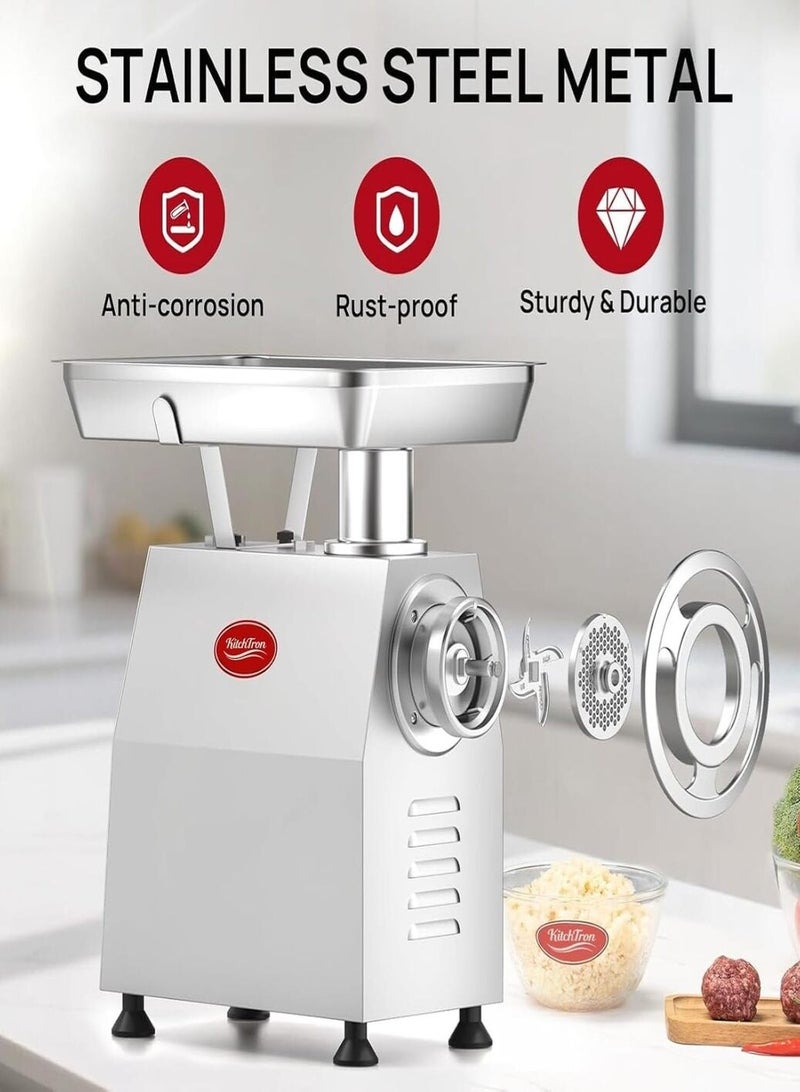 KitchTron Meat Mincer 22 Commercial Meat Grinder 22, 1100W Electric Stainless Steel Meat Processing Machine, 250kg/H Heavy Duty Meat Grinder for Restaurant, Hotel, Butcher Shop, Silver - Image 3