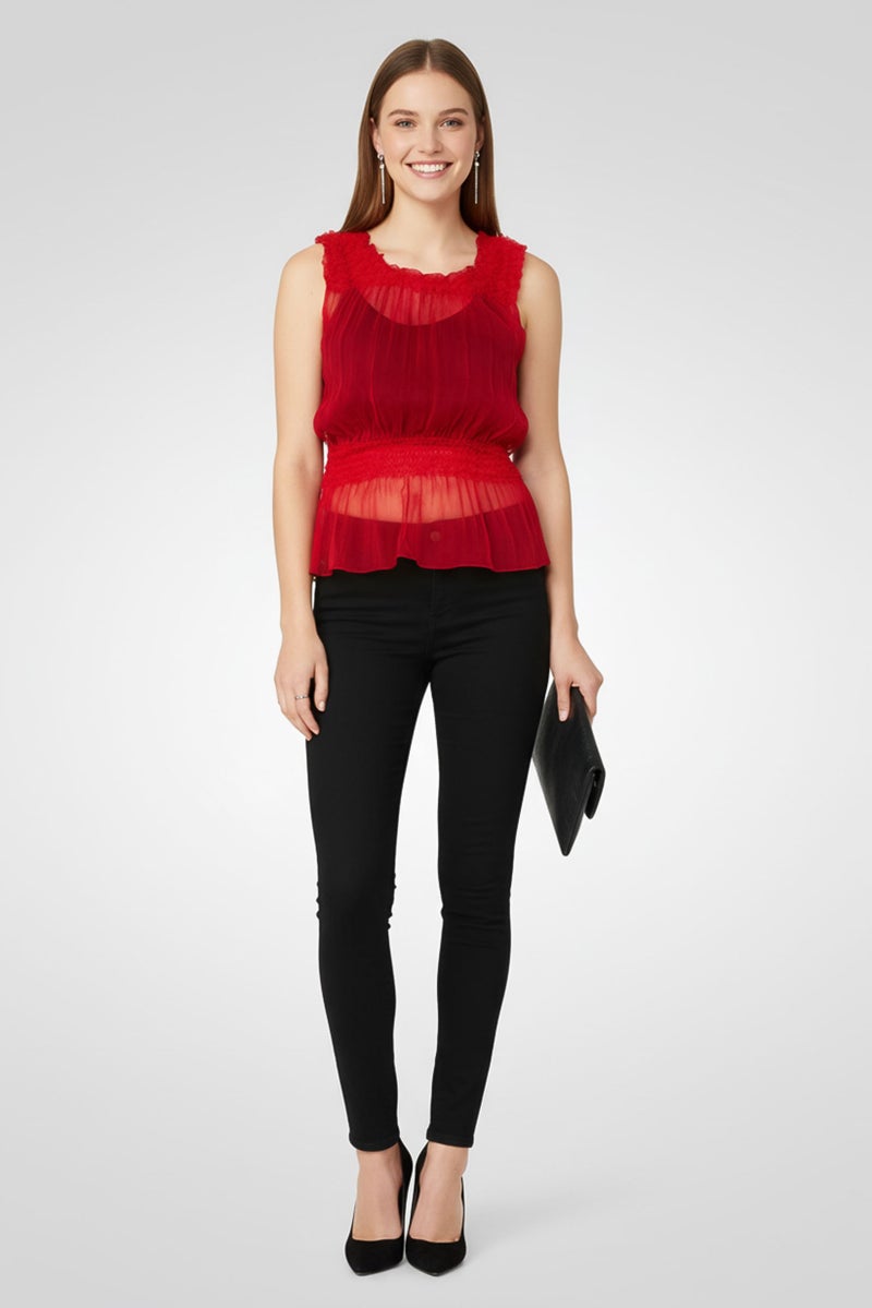 armani Emporio Armani Women Round Neck Sleeveless Plain Top, Red - Image 1