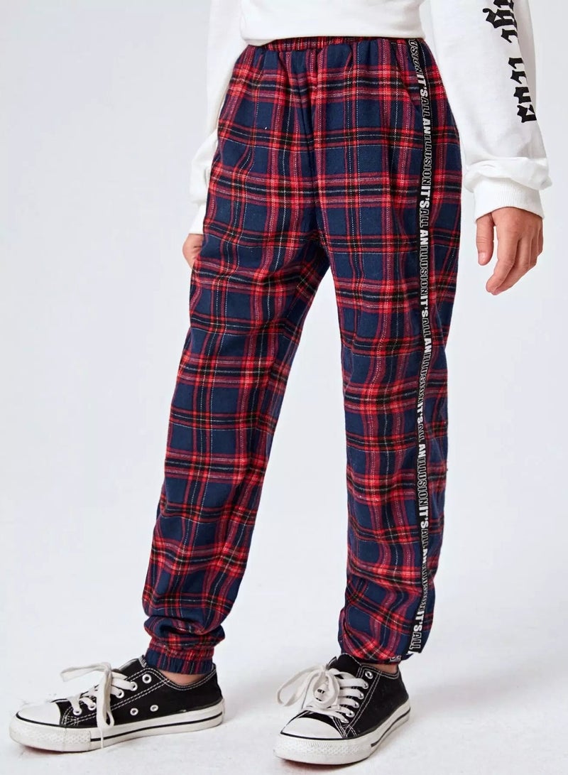 Boys Letter Tape Side Tartan Pants - Image 4