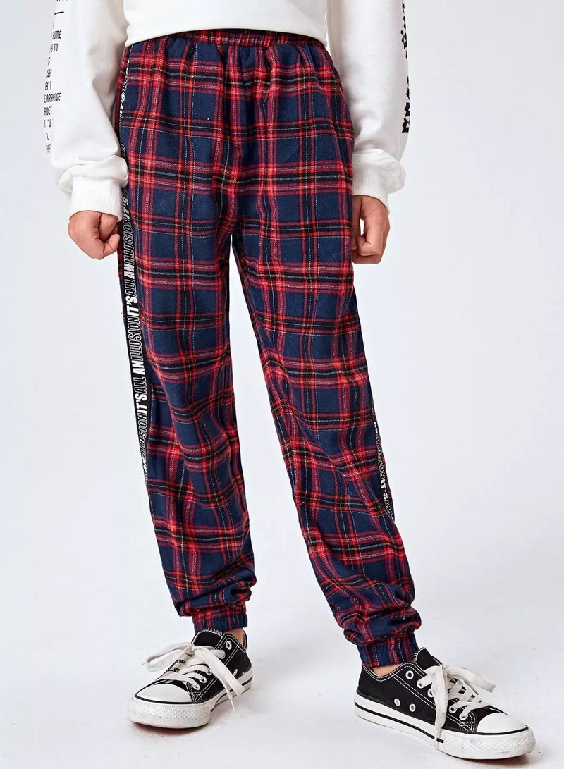 Boys Letter Tape Side Tartan Pants - Image 5