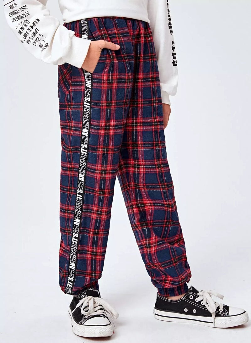 Boys Letter Tape Side Tartan Pants - Image 1