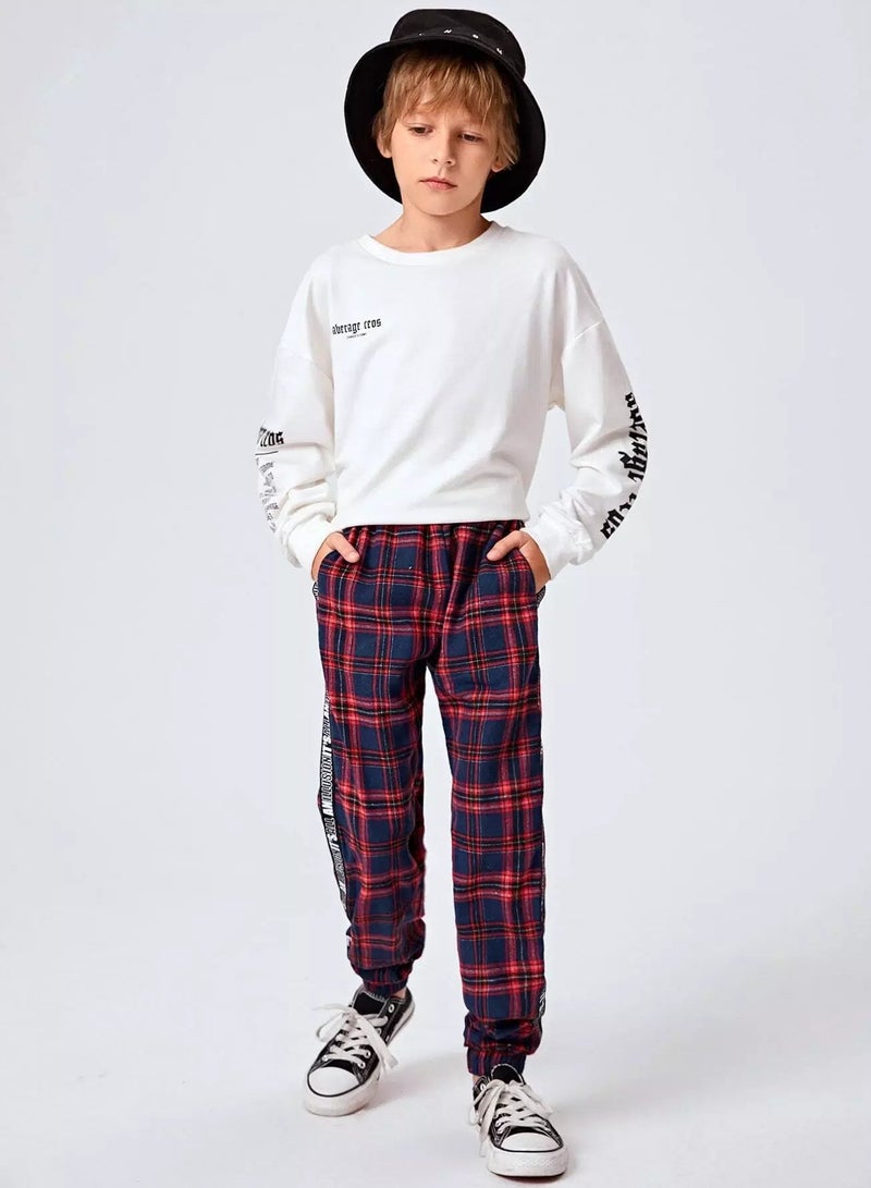 Boys Letter Tape Side Tartan Pants - Image 3