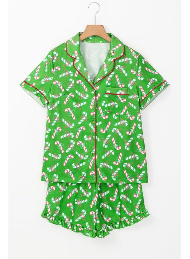 KevaMolly Womens Christmas Lounge Sets Green Christmas Candy Cane Print Pocketed Knotted Lounge Set Short Sleeve Xmas Top and Shorts M - Image 3