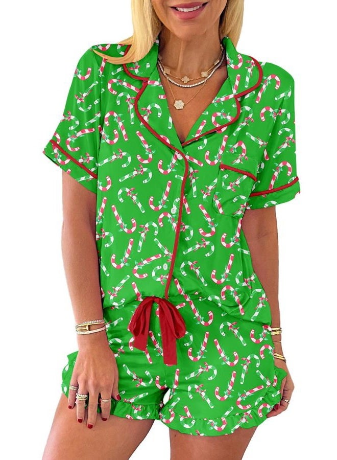 KevaMolly Womens Christmas Lounge Sets Green Christmas Candy Cane Print Pocketed Knotted Lounge Set Short Sleeve Xmas Top and Shorts M - Image 2