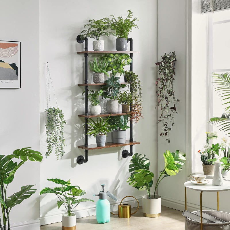 YMYNY Industrial Pipe Shelf Bracket, 4 Tiers Retro Wall Mounted Floating Shelf, Wood DIY Bookshelf, Storage Shelves for Living Room, Bedroom, Office, 24" Farmhouse Bathroom Shelving, UHWS002H - Image 4