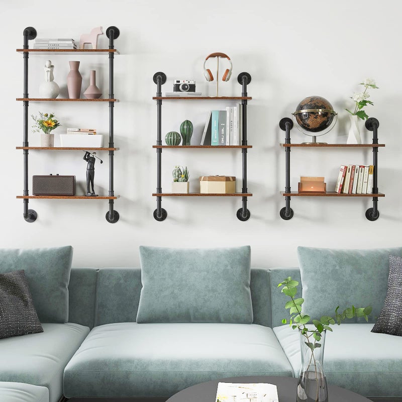 YMYNY Industrial Pipe Shelf Bracket, 4 Tiers Retro Wall Mounted Floating Shelf, Wood DIY Bookshelf, Storage Shelves for Living Room, Bedroom, Office, 24" Farmhouse Bathroom Shelving, UHWS002H - Image 5