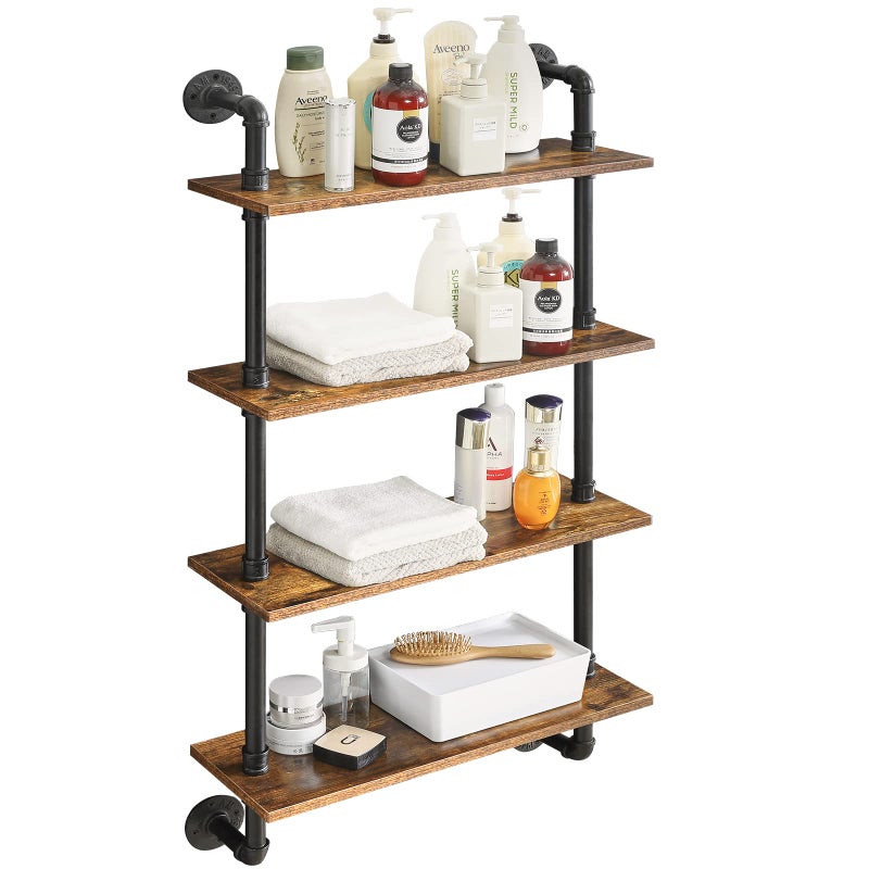 YMYNY Industrial Pipe Shelf Bracket, 4 Tiers Retro Wall Mounted Floating Shelf, Wood DIY Bookshelf, Storage Shelves for Living Room, Bedroom, Office, 24" Farmhouse Bathroom Shelving, UHWS002H - Image 1