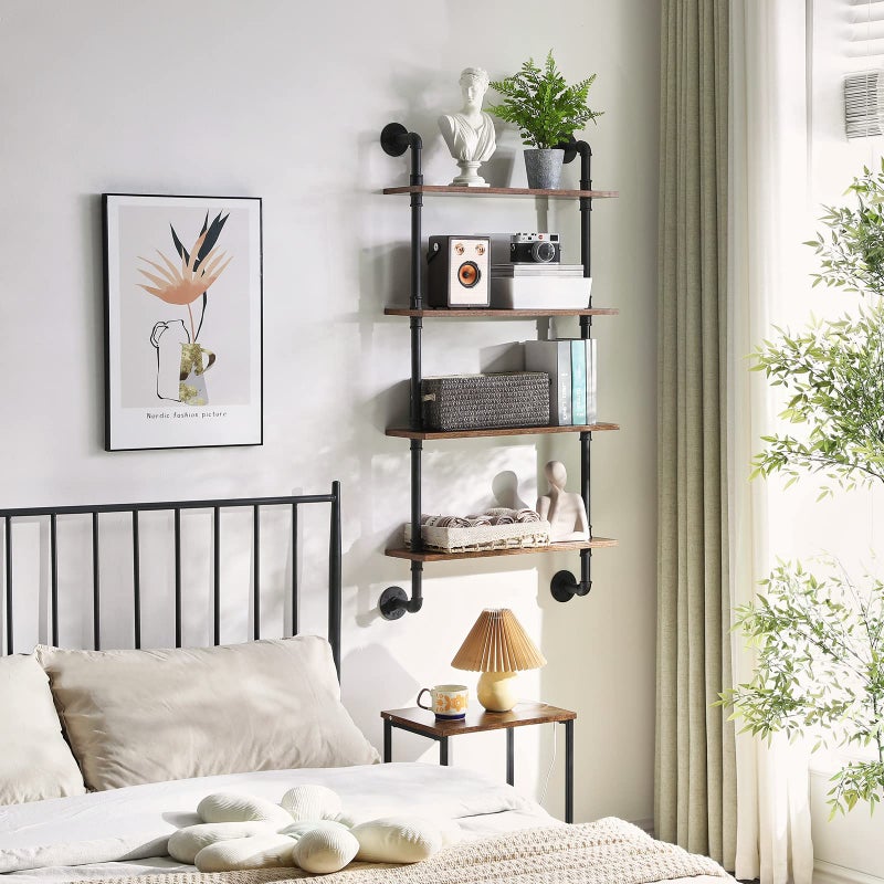 YMYNY Industrial Pipe Shelf Bracket, 4 Tiers Retro Wall Mounted Floating Shelf, Wood DIY Bookshelf, Storage Shelves for Living Room, Bedroom, Office, 24" Farmhouse Bathroom Shelving, UHWS002H - Image 3