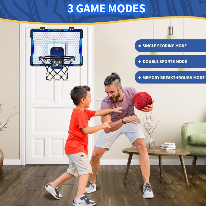 HYES Basketball Hoop Indoor, Mini Basket Ball Hoop with 7 LED Lighting, Scoreboard, Over Door Basketball Hoop with 3 Modes, Volume Adjustable, Foldable, Basketball Toys Gifts for Kids Adults (Blue) - Image 3