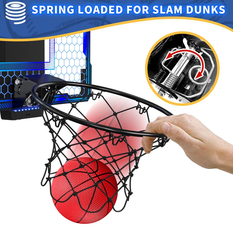 HYES Basketball Hoop Indoor, Mini Basket Ball Hoop with 7 LED Lighting, Scoreboard, Over Door Basketball Hoop with 3 Modes, Volume Adjustable, Foldable, Basketball Toys Gifts for Kids Adults (Blue) - Image 4