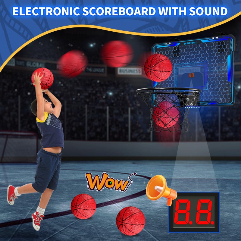 HYES Basketball Hoop Indoor, Mini Basket Ball Hoop with 7 LED Lighting, Scoreboard, Over Door Basketball Hoop with 3 Modes, Volume Adjustable, Foldable, Basketball Toys Gifts for Kids Adults (Blue) - Image 5