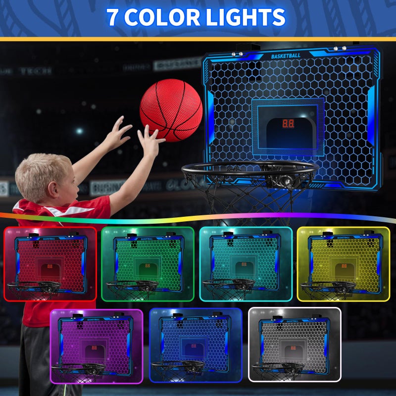HYES Basketball Hoop Indoor, Mini Basket Ball Hoop with 7 LED Lighting, Scoreboard, Over Door Basketball Hoop with 3 Modes, Volume Adjustable, Foldable, Basketball Toys Gifts for Kids Adults (Blue) - Image 2