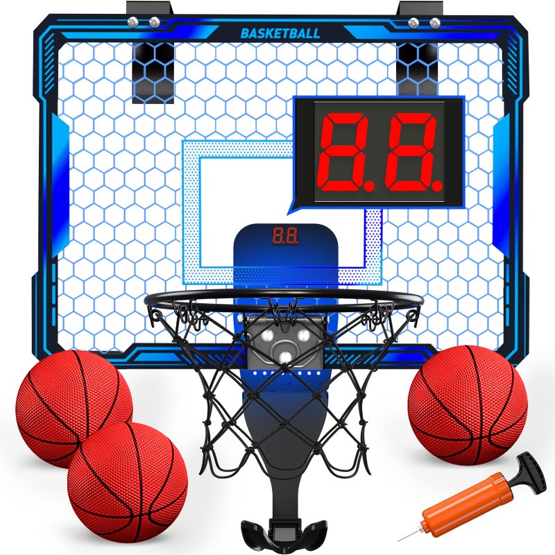 HYES Basketball Hoop Indoor, Mini Basket Ball Hoop with 7 LED Lighting, Scoreboard, Over Door Basketball Hoop with 3 Modes, Volume Adjustable, Foldable, Basketball Toys Gifts for Kids Adults (Blue) - Image 1
