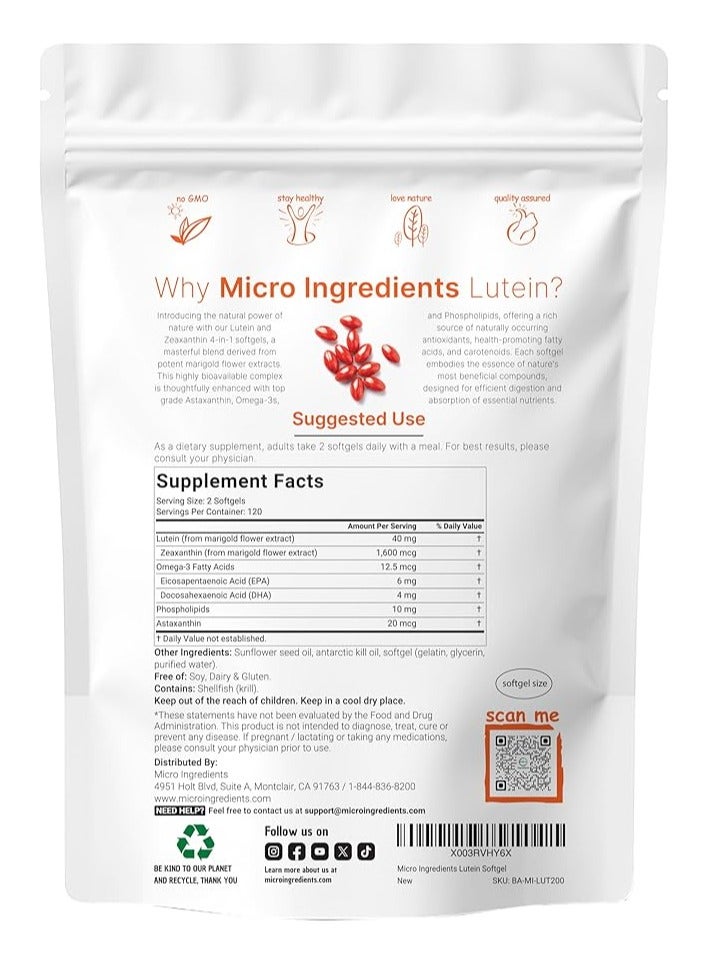Micro Ingredients Lutein & Zeaxanthin 40mg Softgels, 240 Count, with Astaxanthin, Omega-3s, & Phospholipids | Eye + Vision Health Vitamins | Third Party Tested, Non-GMO, Gluten Free - Image 2