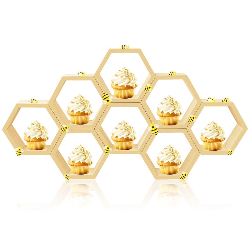 Denylo pro 8 Pcs 3.5 Inch Hexagon Shelves Mini Bee Hexagon Wood Centerpiece Geometric Decorative Honeycomb Floating Storage Shelf for Wedding Birthday Party Table Decorations Home Office - Image 1