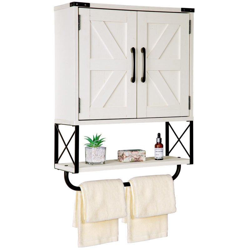 RUSTOWN Farmhouse Medicine Cabinet with 2 Barn Door Wood Wall Mounted Storage Cabinet with Adjustable Shelf and Towel Bar 3Tier Bathroom Cabinet for Bathroom Living RoomVintage White Medium