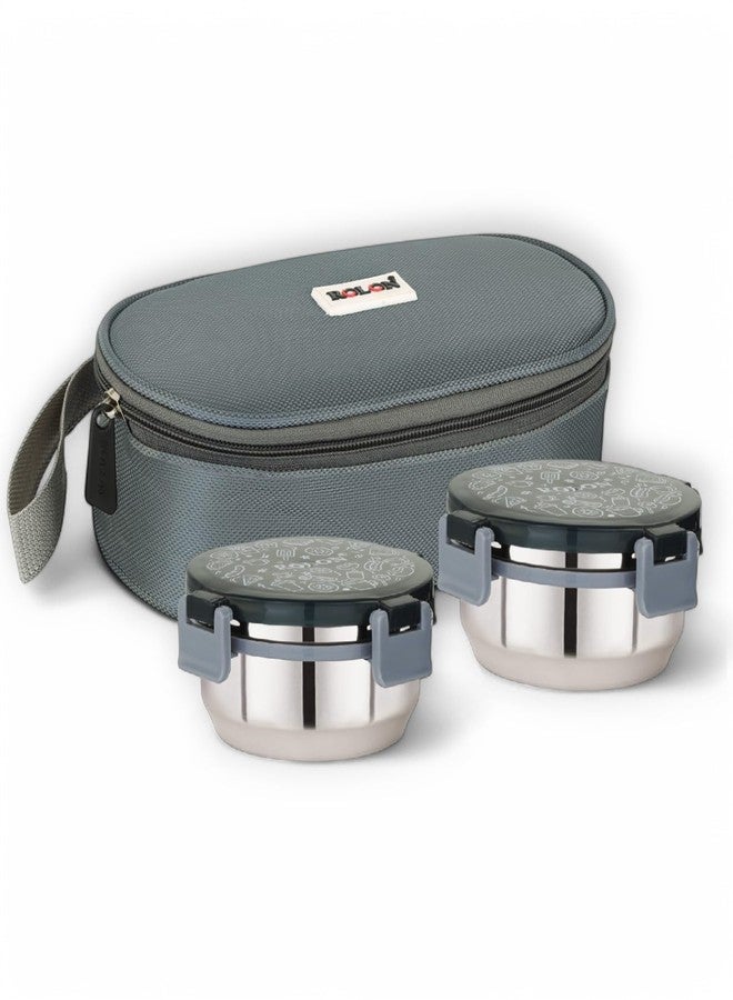 ROLON Lunch Lock 02 Lunch Box with Insulated Jacket, 2 Stainless Steel Containers with Clip Lock Lid (300 ml Each), Leak Resistance Tiffin for Office, School, College, Grey - Image 1