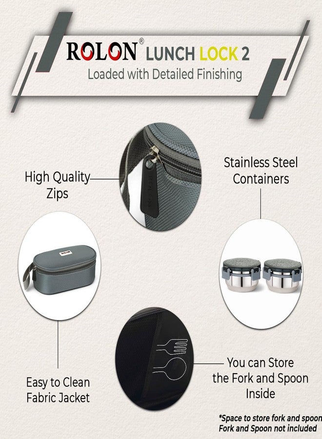 ROLON Lunch Lock 02 Lunch Box with Insulated Jacket, 2 Stainless Steel Containers with Clip Lock Lid (300 ml Each), Leak Resistance Tiffin for Office, School, College, Grey - Image 3