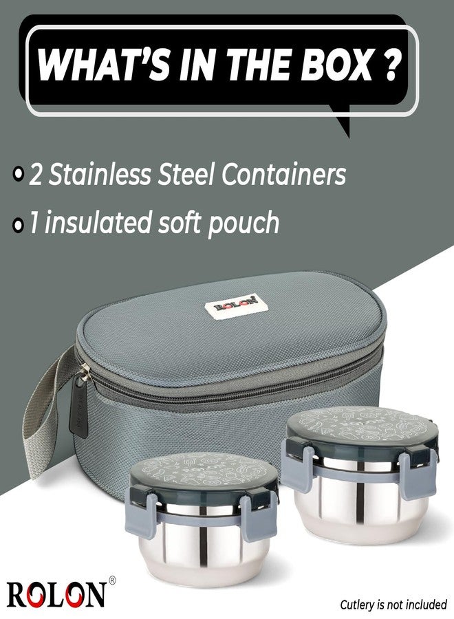 ROLON Lunch Lock 02 Lunch Box with Insulated Jacket, 2 Stainless Steel Containers with Clip Lock Lid (300 ml Each), Leak Resistance Tiffin for Office, School, College, Grey - Image 4