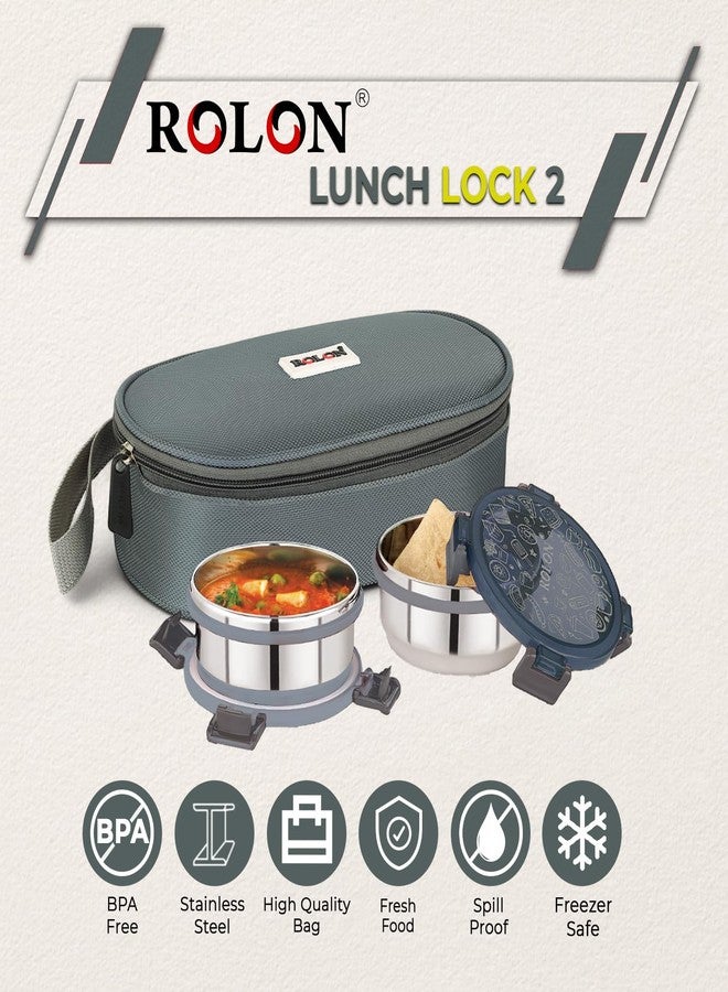 ROLON Lunch Lock 02 Lunch Box with Insulated Jacket, 2 Stainless Steel Containers with Clip Lock Lid (300 ml Each), Leak Resistance Tiffin for Office, School, College, Grey - Image 5