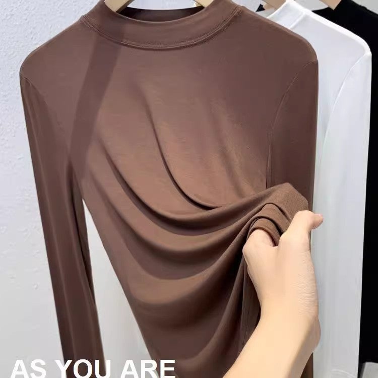 A generation of plus size womens modal semi-high collar long sleeve T-shirt 200kg chubby girl loose inner base shirt thin Khaki