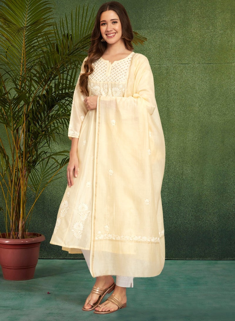 Alaya Hand Embroidered Chikankari Chanderi Cotton Kurta Set and Dupatta with Mukaish-AL3665KS - Image 1