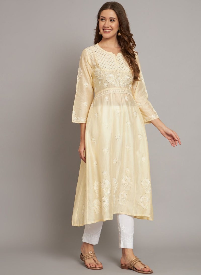 Alaya Hand Embroidered Chikankari Chanderi Cotton Kurta Set and Dupatta with Mukaish-AL3665KS - Image 5