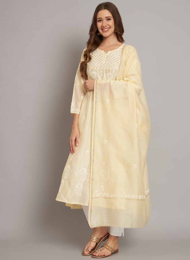Alaya Hand Embroidered Chikankari Chanderi Cotton Kurta Set and Dupatta with Mukaish-AL3665KS - Image 4