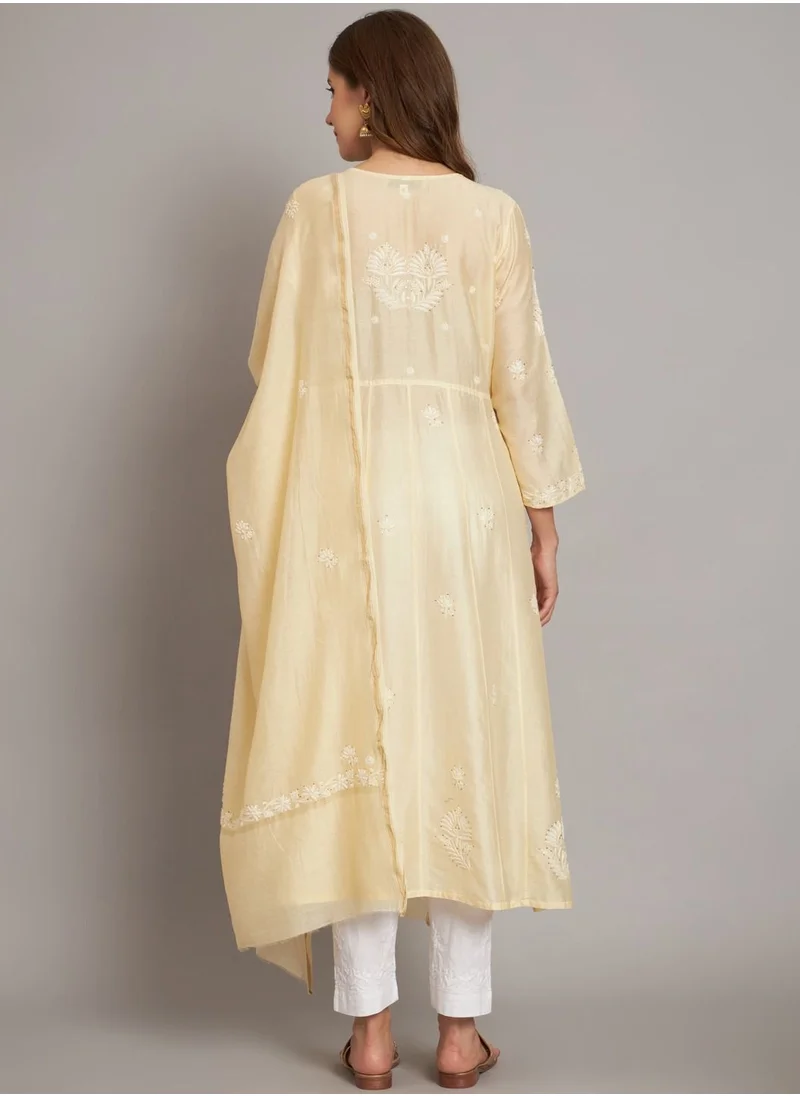 Alaya Hand Embroidered Chikankari Chanderi Cotton Kurta Set and Dupatta with Mukaish-AL3665KS