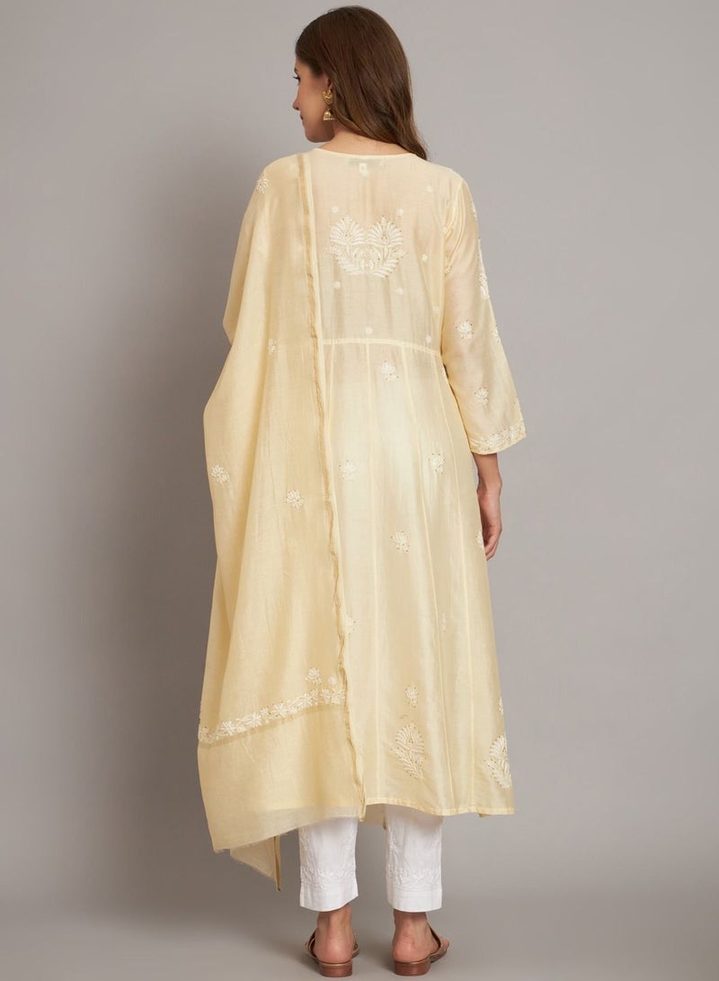 Alaya Hand Embroidered Chikankari Chanderi Cotton Kurta Set and Dupatta with Mukaish-AL3665KS - Image 2