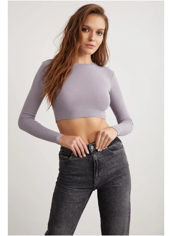 GRIMELANGE Grimelange Essie Women's Crew Neck Slim Fit Long Sleeve Crop Lilac Blouse