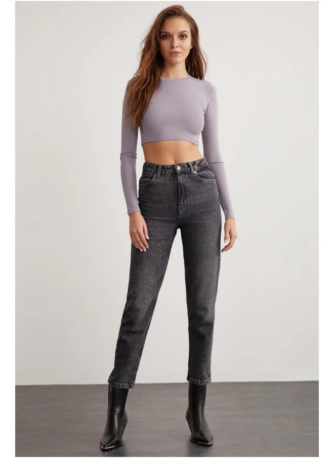 GRIMELANGE Grimelange Essie Women's Crew Neck Slim Fit Long Sleeve Crop Lilac Blouse