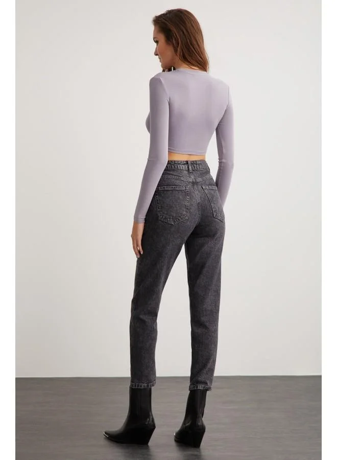 GRIMELANGE Grimelange Essie Women's Crew Neck Slim Fit Long Sleeve Crop Lilac Blouse