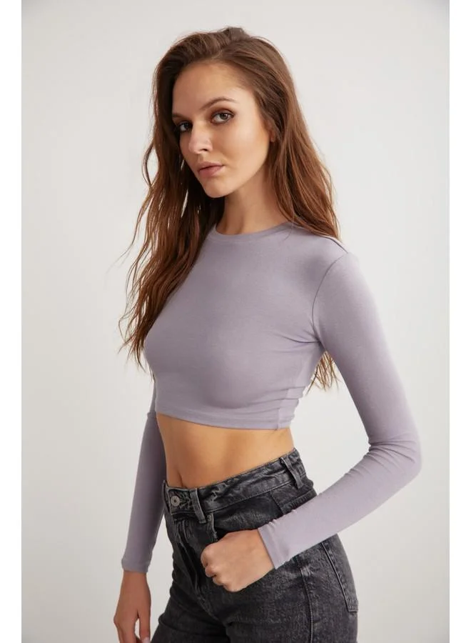 GRIMELANGE Grimelange Essie Women's Crew Neck Slim Fit Long Sleeve Crop Lilac Blouse