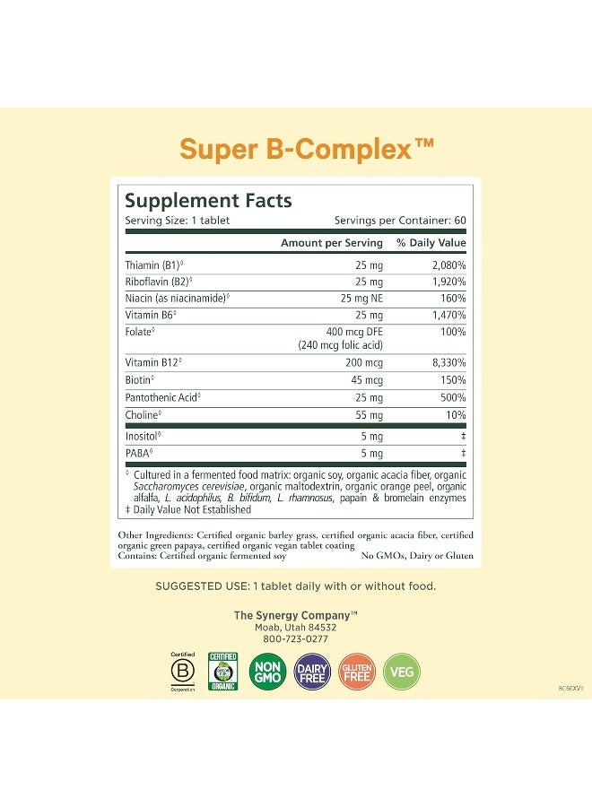 بيور سينرجي سوبر بي كومبلكس | مركب فيتامين ب المصنوع من الأطعمة العضوية الكاملة | مكمل نباتي يحتوي على فيتامين ب12 الطبيعي والنياسين والفولات | لدعم الطاقة والتركيز والمزاج (60 قرصًا) - Image 2